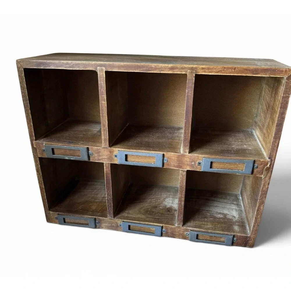VTG Wood Cubby 6 Compartment Display Organizer Shelf W/ Metal Label Holders